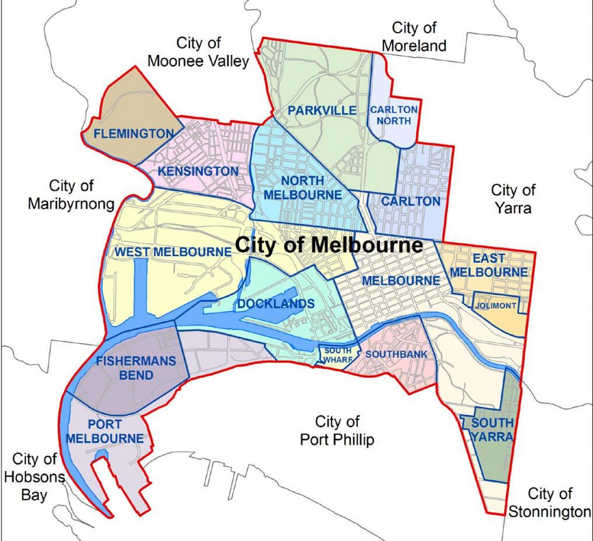 mapa ng Melbourne at mga nakapaligid na suburbs